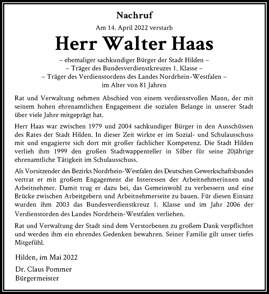  Traueranzeige für Walter Haas vom 14.05.2022 aus Rheinische Post