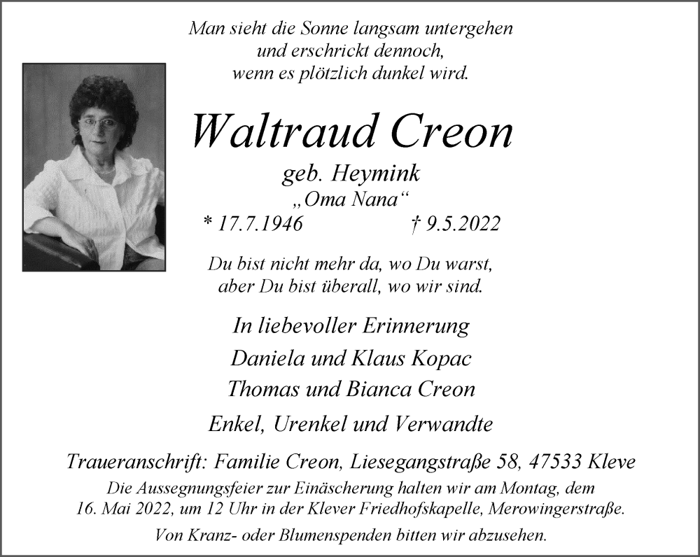  Traueranzeige für Waltraud Creon vom 13.05.2022 aus Rheinische Post