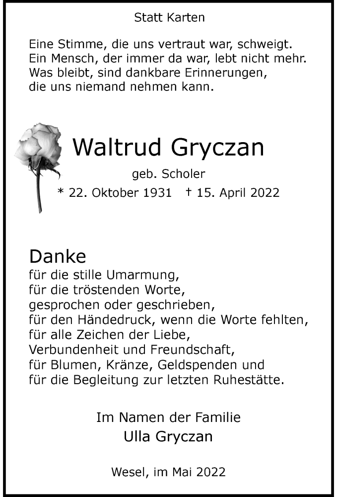  Traueranzeige für Waltrud Gryczan vom 14.05.2022 aus Rheinische Post