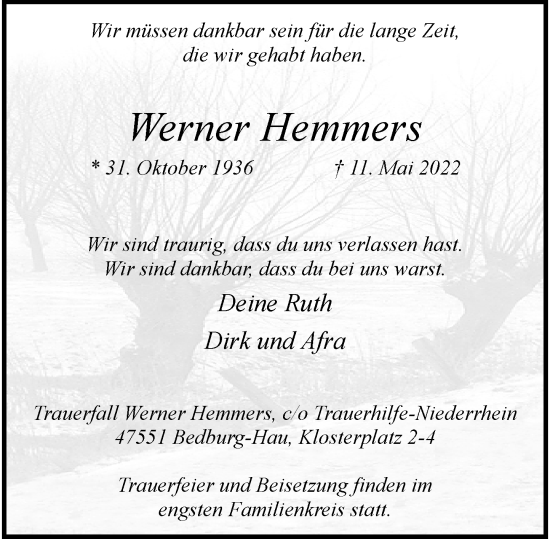 Traueranzeige von Werner Hemmers von Rheinische Post