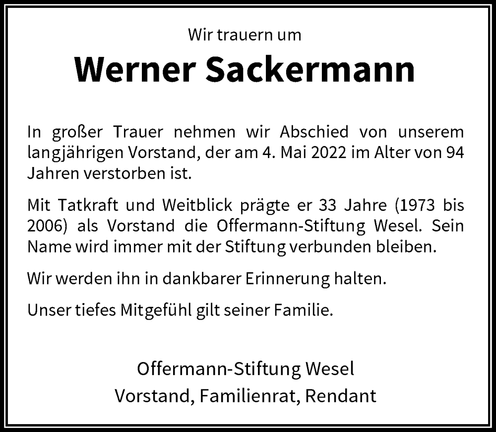  Traueranzeige für Werner Sackermann vom 14.05.2022 aus Rheinische Post