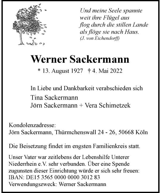 Traueranzeige von Werner Sackermann von Rheinische Post