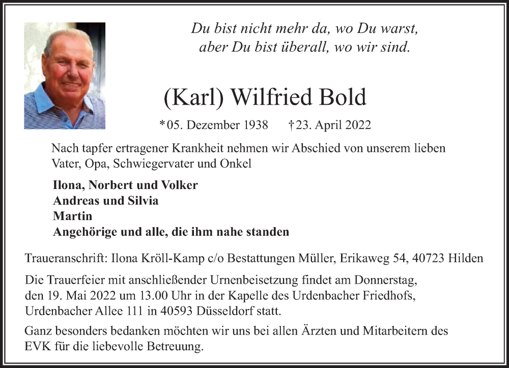  Traueranzeige für Wilfried Bold vom 14.05.2022 aus Rheinische Post