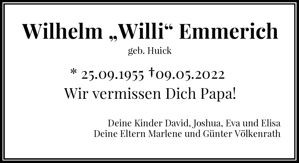  Traueranzeige für Wilhelm Emmerich vom 19.05.2022 aus Rheinische Post