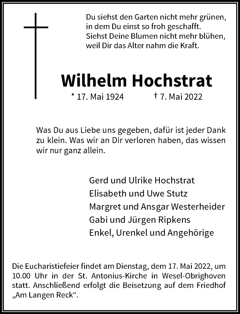  Traueranzeige für Wilhelm Hochstrat vom 12.05.2022 aus Rheinische Post
