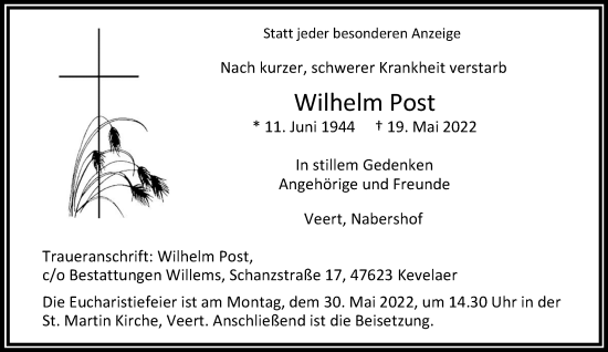 Traueranzeige von Wilhelm Post von Rheinische Post