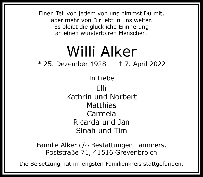  Traueranzeige für Willi Alker vom 07.05.2022 aus Rheinische Post