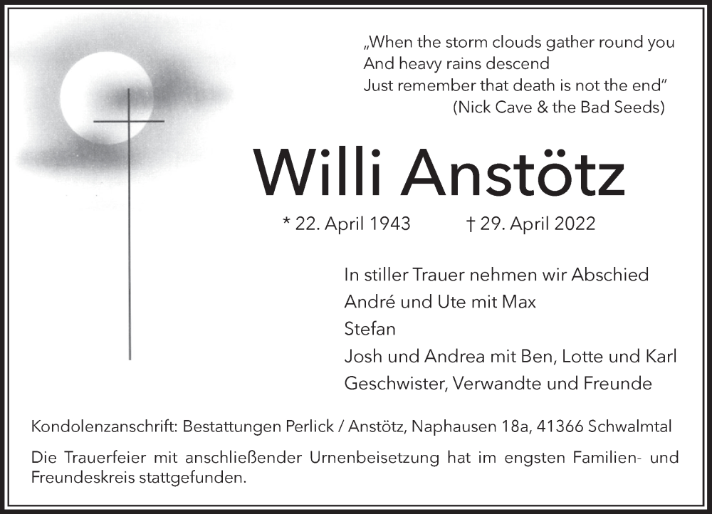  Traueranzeige für Willi Anstötz vom 07.05.2022 aus Rheinische Post