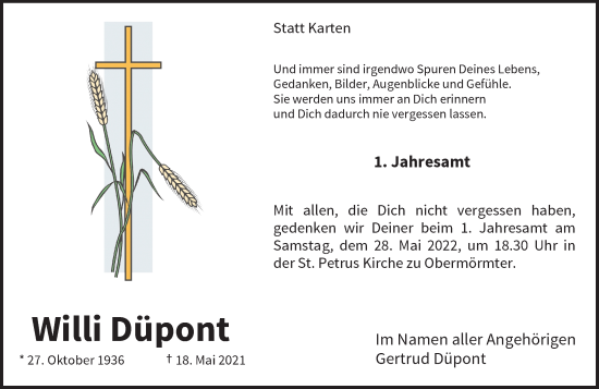 Traueranzeige von Willi Düpont von Rheinische Post