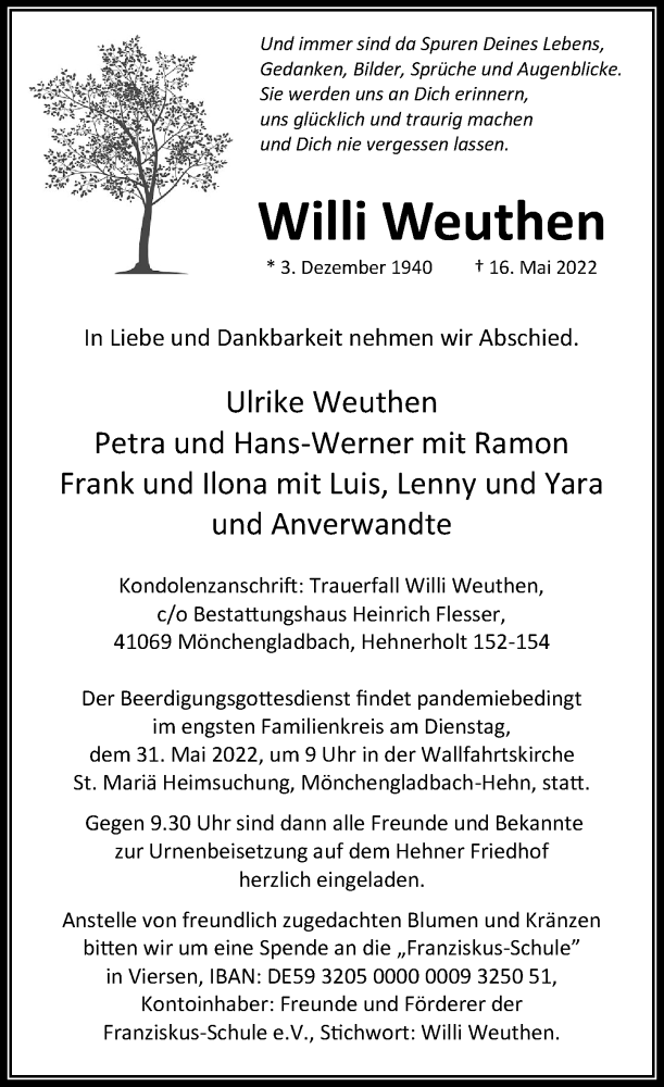  Traueranzeige für Willi Weuthen vom 21.05.2022 aus Rheinische Post