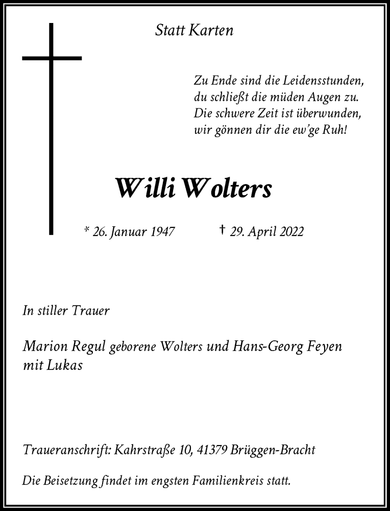  Traueranzeige für Willi Wolters vom 07.05.2022 aus Rheinische Post