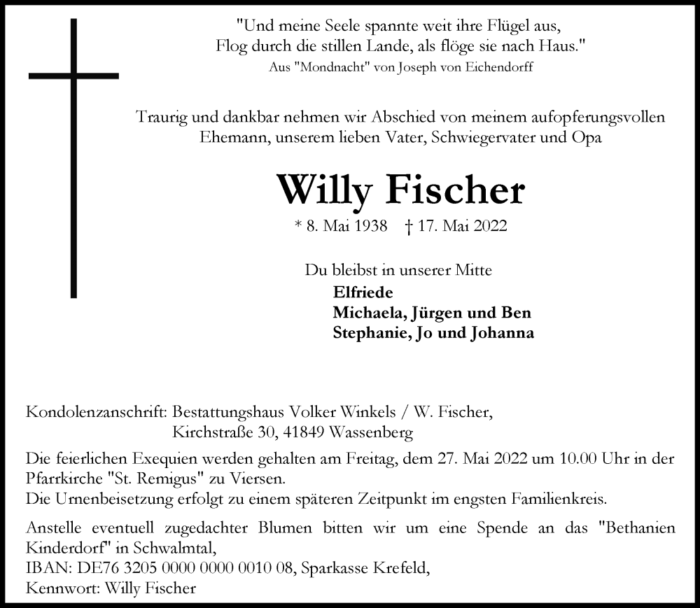  Traueranzeige für Willy Fischer vom 21.05.2022 aus Rheinische Post