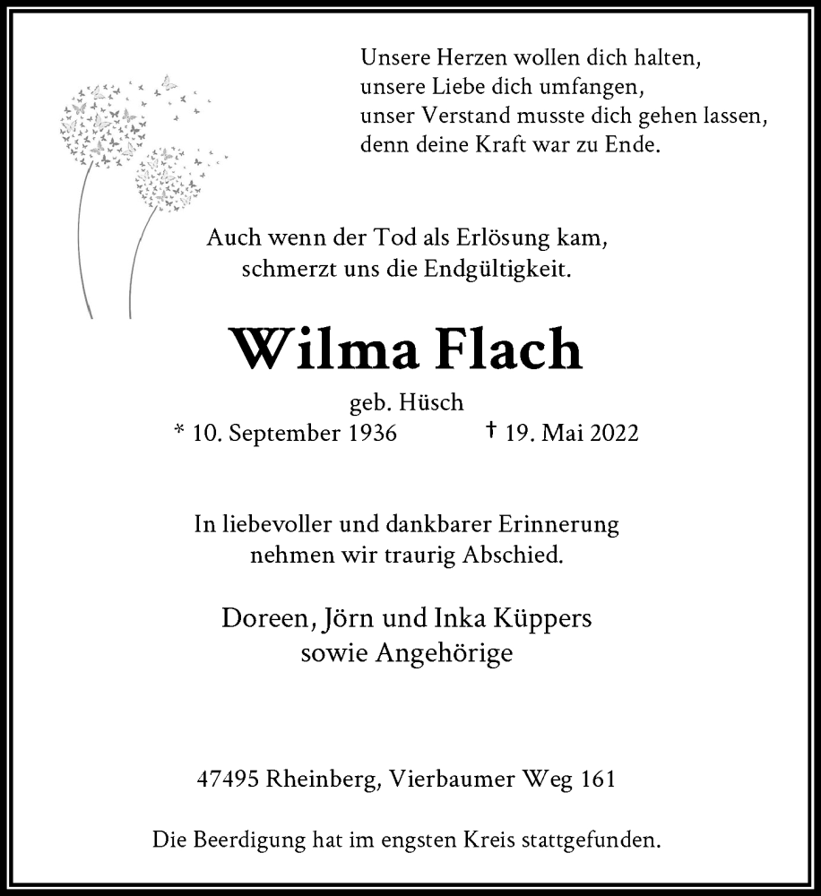  Traueranzeige für Wilma Flach vom 28.05.2022 aus Rheinische Post