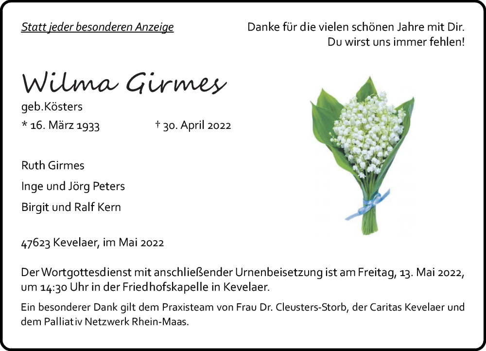  Traueranzeige für Wilma Girmes vom 07.05.2022 aus Rheinische Post