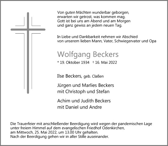Traueranzeige von Wolfgang Beckers von Rheinische Post