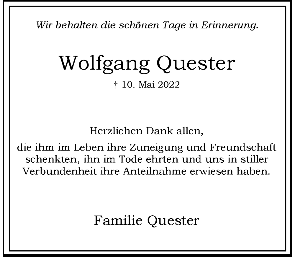  Traueranzeige für Wolfgang Quester vom 25.05.2022 aus Rheinische Post