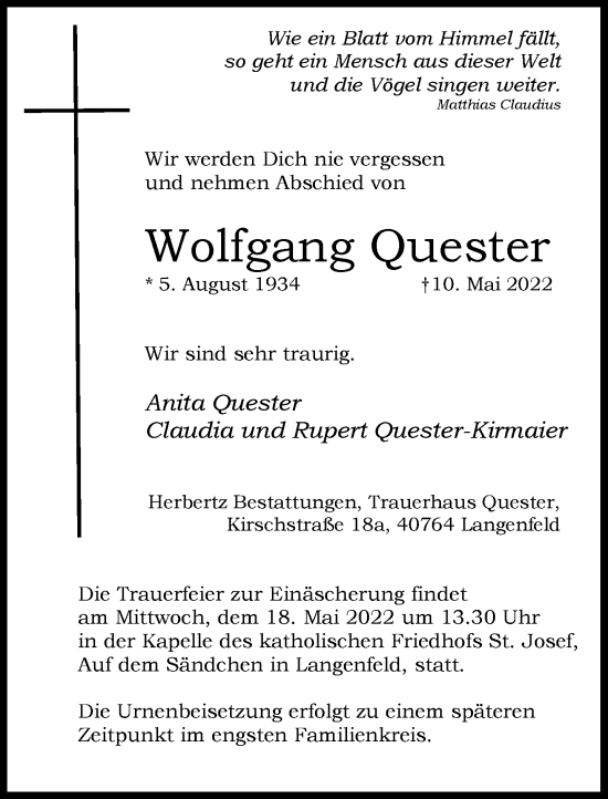 Traueranzeige von Wolfgang Quester von Rheinische Post