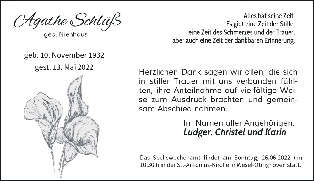  Traueranzeige für Agathe Schlüß vom 18.06.2022 aus Rheinische Post