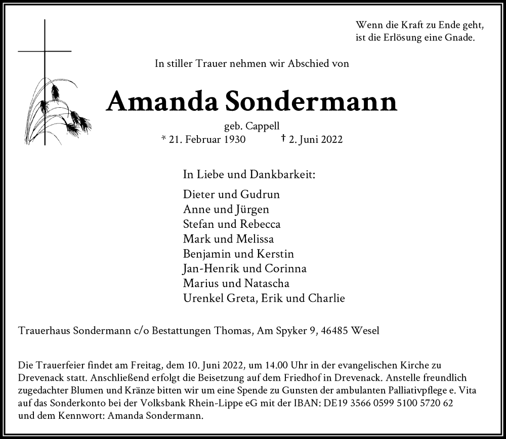  Traueranzeige für Amanda Sondermann vom 08.06.2022 aus Rheinische Post