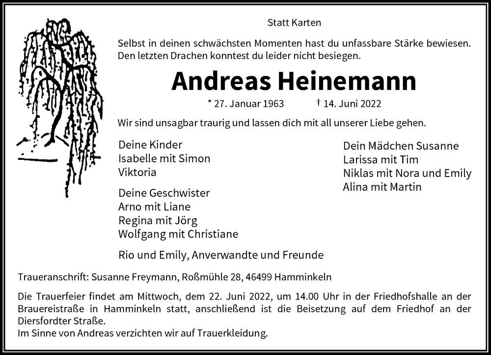 Traueranzeige für Andreas Heinemann vom 18.06.2022 aus Rheinische Post