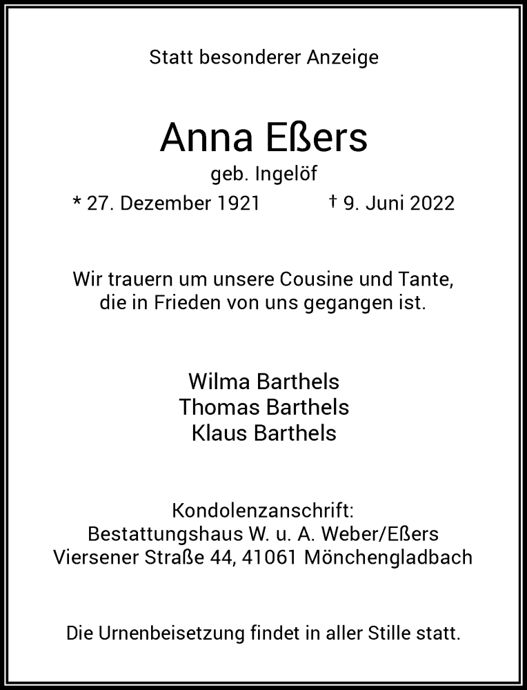  Traueranzeige für Anna Eßers vom 25.06.2022 aus Rheinische Post