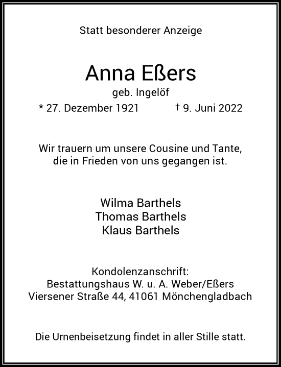 Traueranzeige von Anna Eßers von Rheinische Post