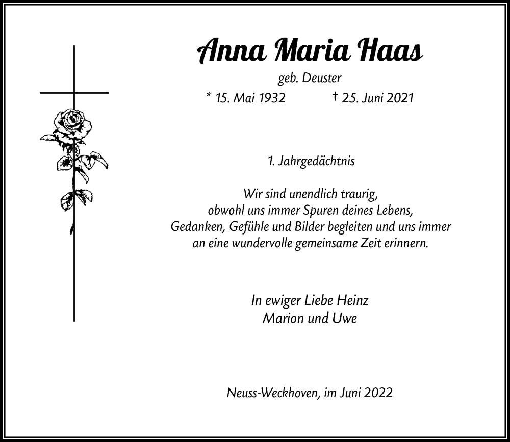  Traueranzeige für Anna Maria Haas vom 25.06.2022 aus Rheinische Post