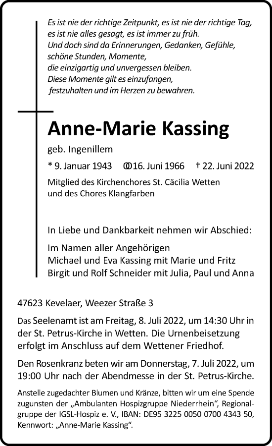Traueranzeige von Anne-Marie Kassing von Rheinische Post