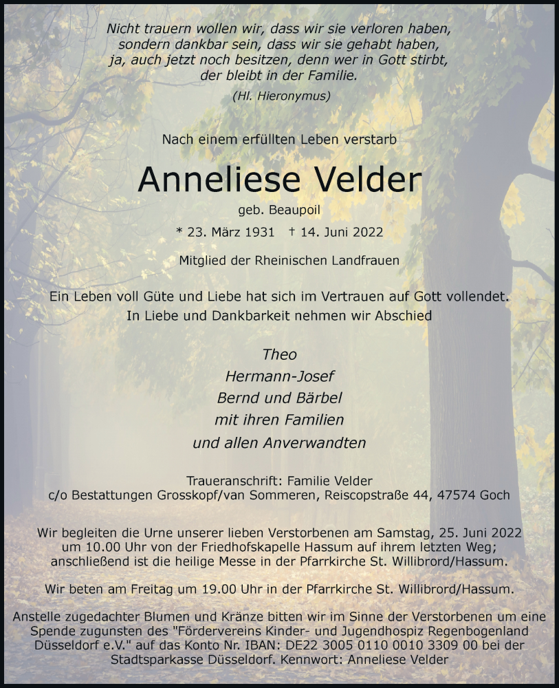 Traueranzeige für Anneliese Velder vom 21.06.2022 aus Rheinische Post