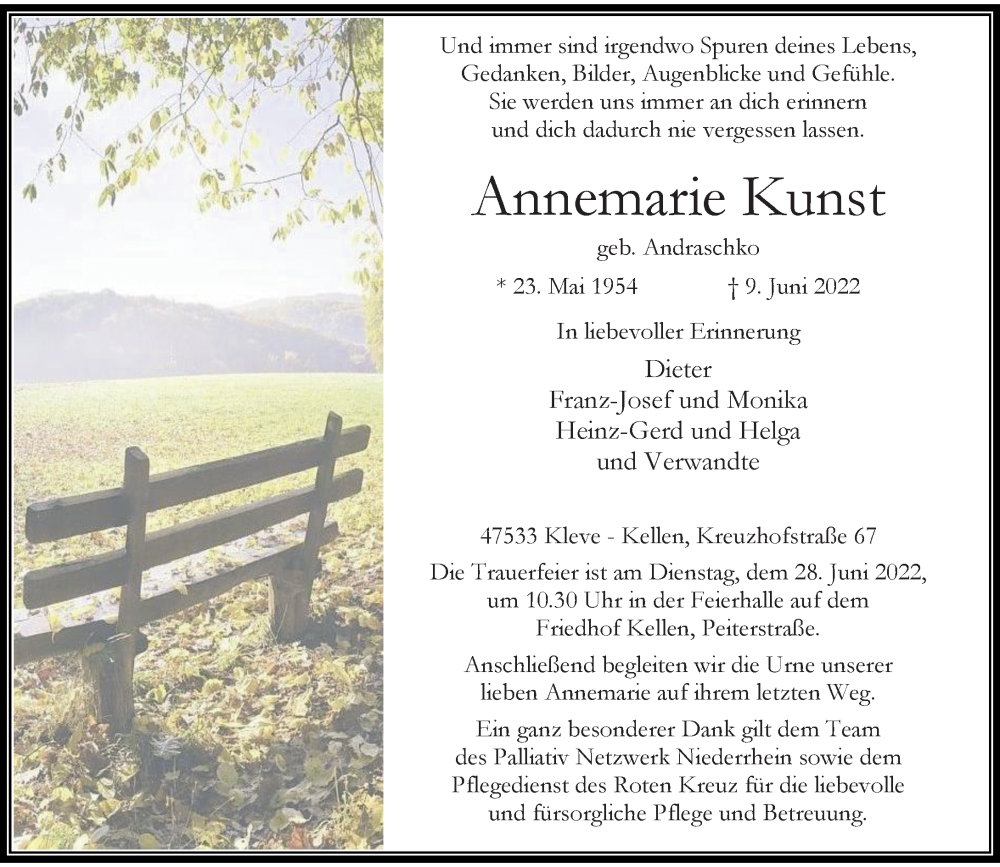  Traueranzeige für Annemarie Kunst vom 18.06.2022 aus Rheinische Post