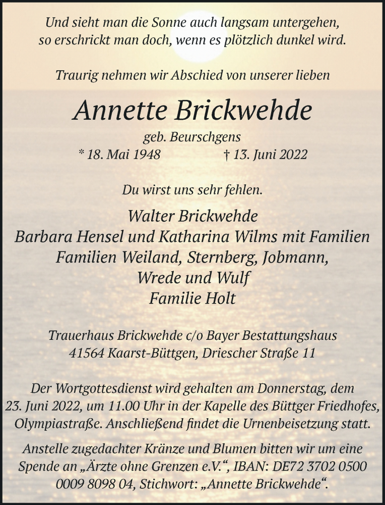  Traueranzeige für Annette Brickwehde vom 18.06.2022 aus Rheinische Post