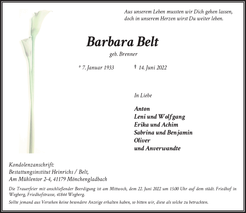  Traueranzeige für Barbara Belt vom 18.06.2022 aus Rheinische Post