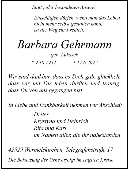 Traueranzeige von Barbara Gehrmann von Rheinische Post