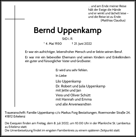 Traueranzeige von Bernd Uppenkamp von Rheinische Post
