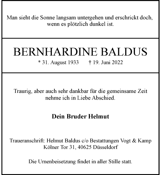 Traueranzeige von Bernhardine Baldus von Rheinische Post