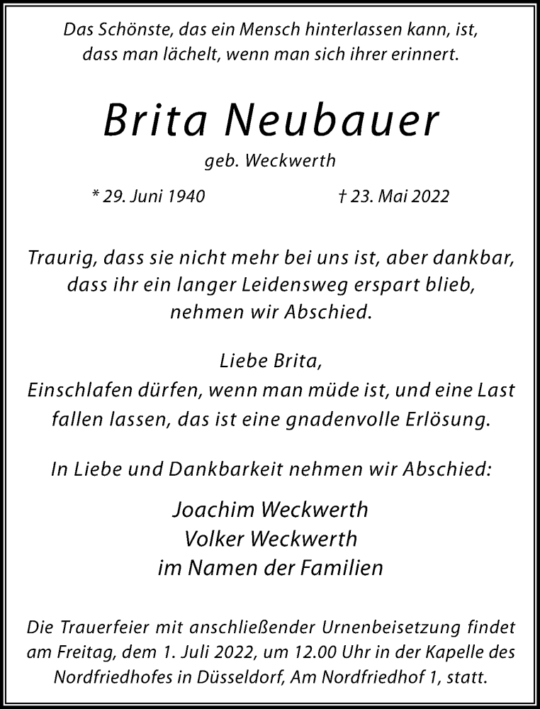  Traueranzeige für Brita Neubauer vom 25.06.2022 aus Rheinische Post
