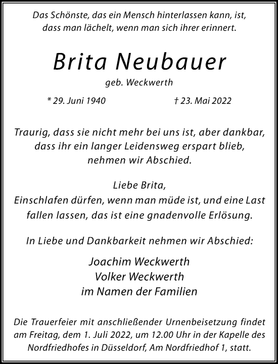 Traueranzeige von Brita Neubauer von Rheinische Post
