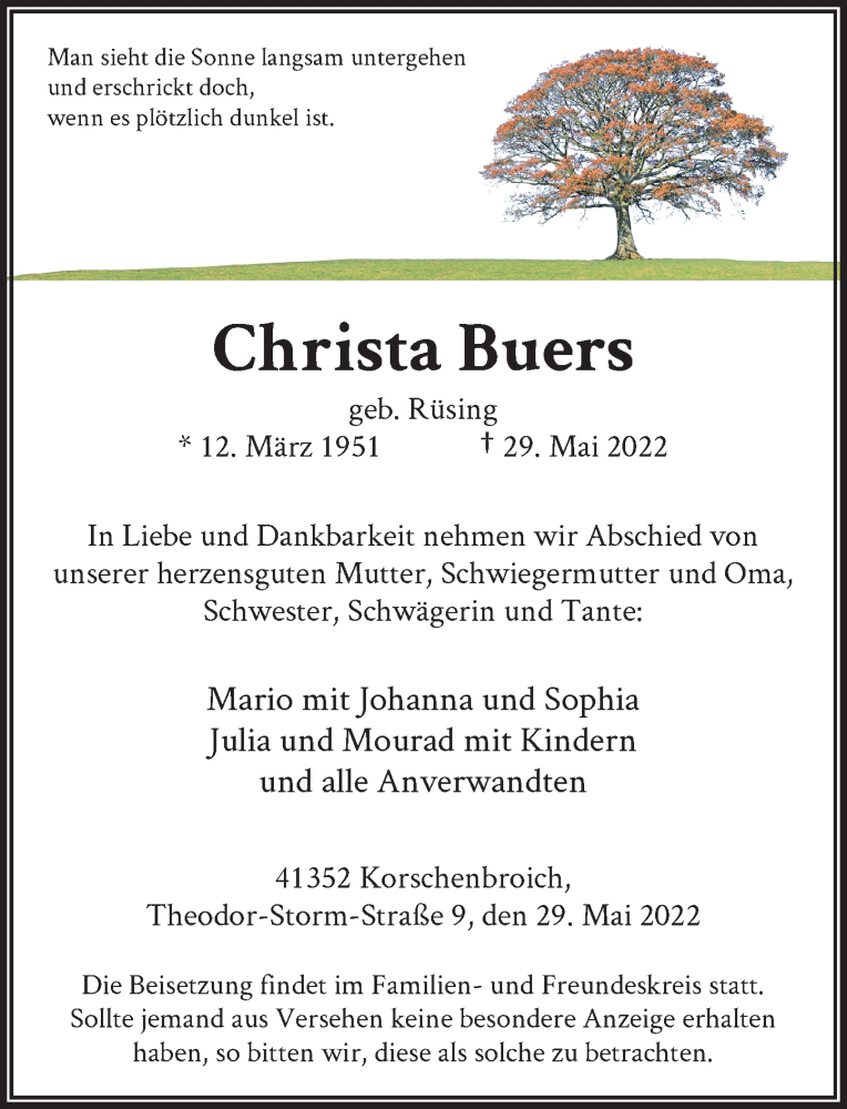  Traueranzeige für Christa Buers vom 04.06.2022 aus Rheinische Post