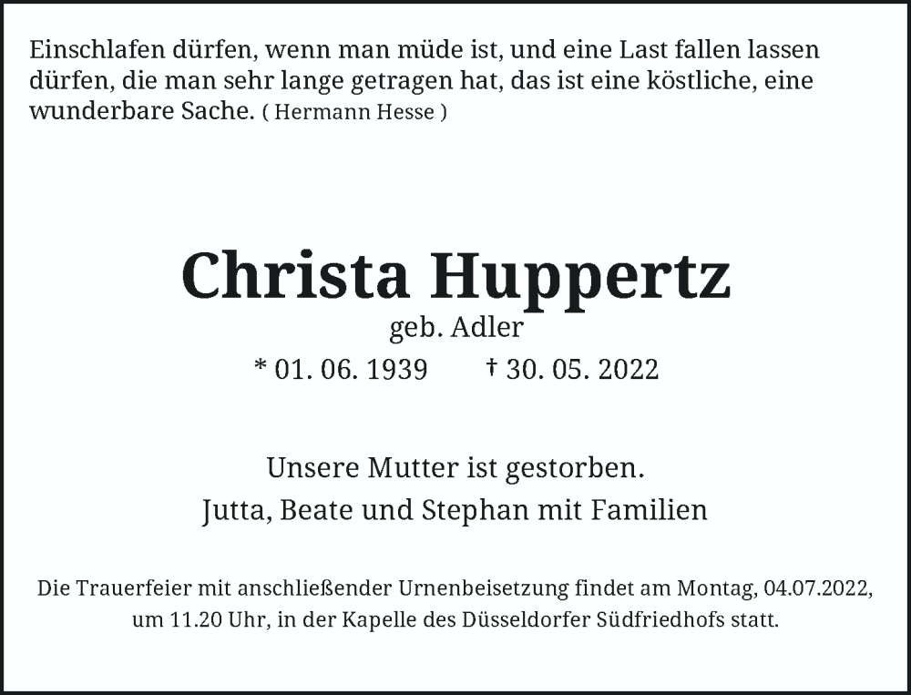  Traueranzeige für Christa Huppertz vom 25.06.2022 aus Rheinische Post