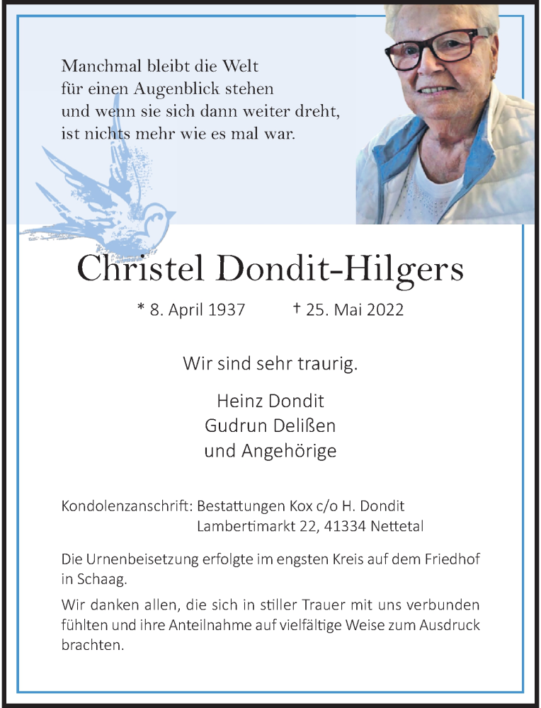  Traueranzeige für Christel Dondit-Hilgers vom 18.06.2022 aus Rheinische Post