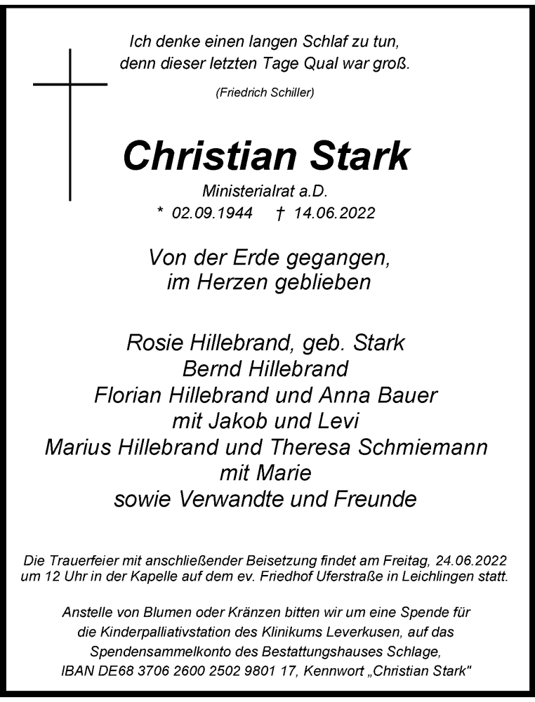  Traueranzeige für Christian Stark vom 22.06.2022 aus Rheinische Post