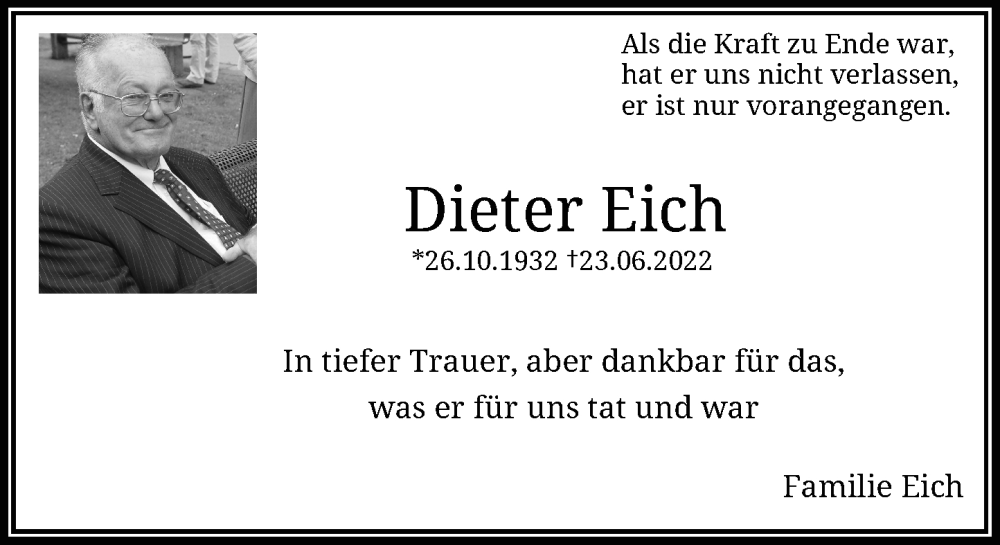  Traueranzeige für Dieter Eich vom 29.06.2022 aus Rheinische Post