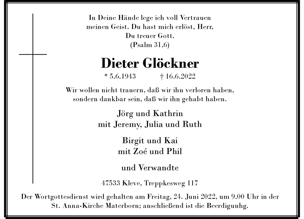  Traueranzeige für Dieter Glöckner vom 18.06.2022 aus Rheinische Post
