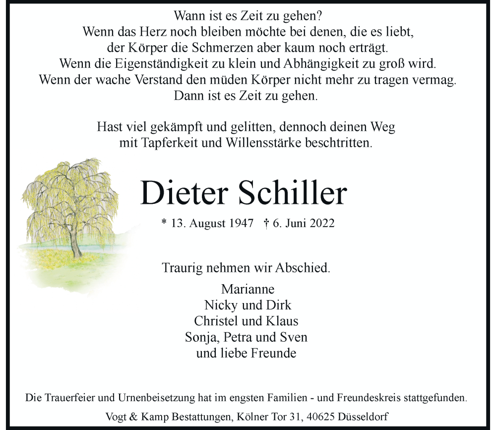  Traueranzeige für Dieter Schiller vom 25.06.2022 aus Rheinische Post