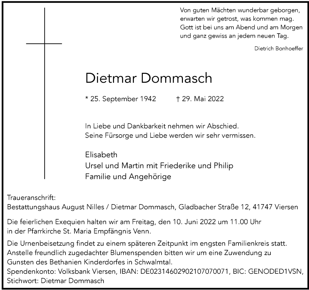  Traueranzeige für Dietmar Dommasch vom 04.06.2022 aus Rheinische Post