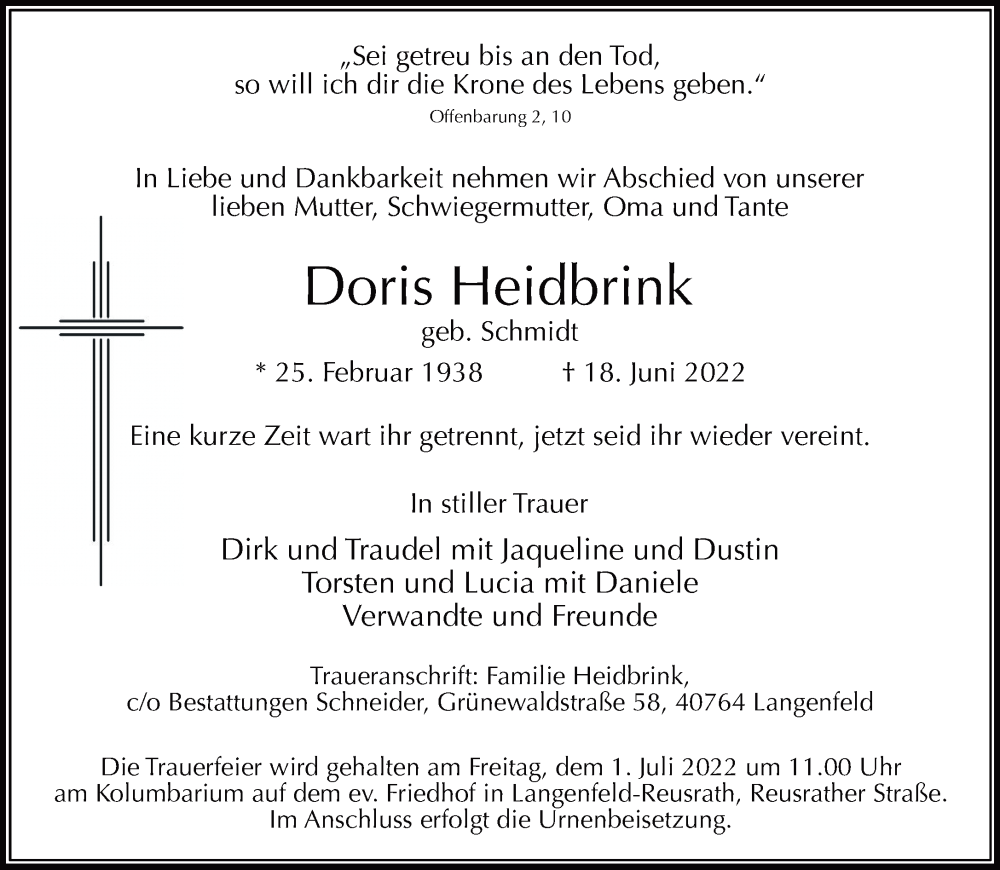  Traueranzeige für Doris Heidbrink vom 25.06.2022 aus Rheinische Post
