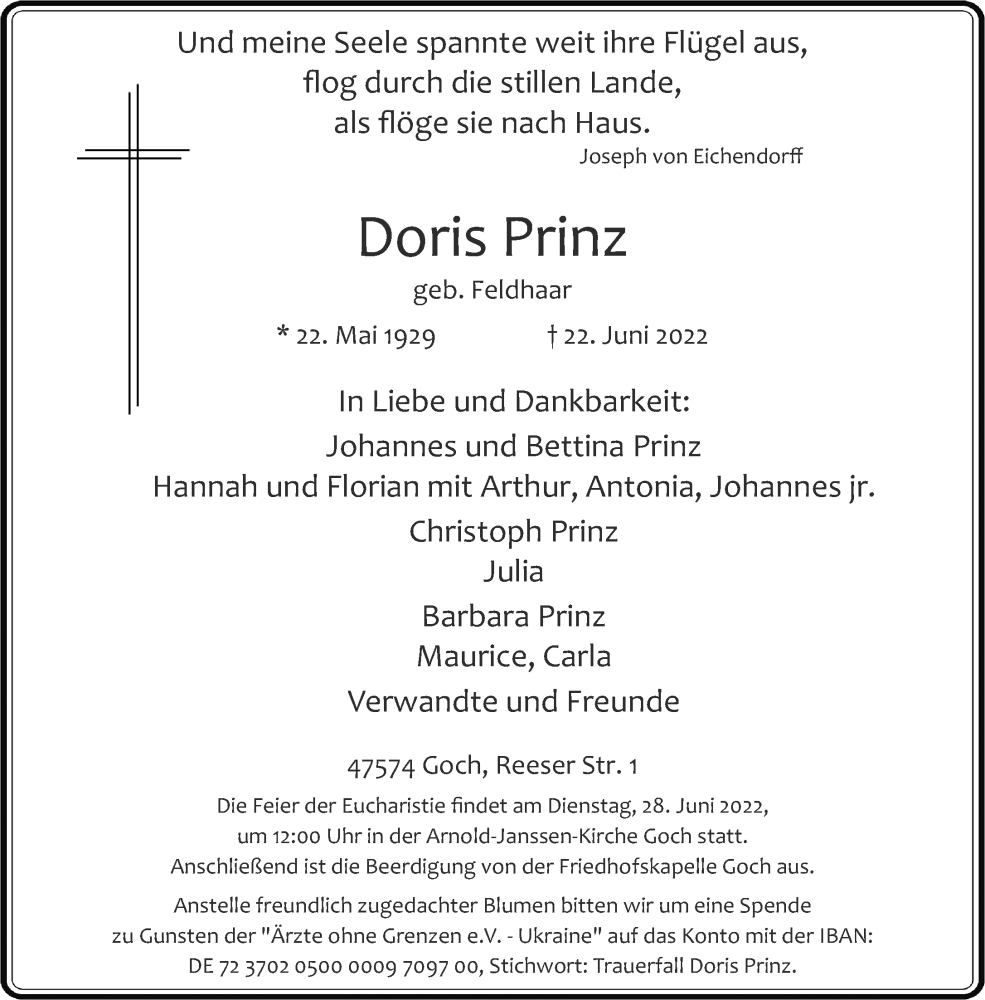  Traueranzeige für Doris Prinz vom 25.06.2022 aus Rheinische Post
