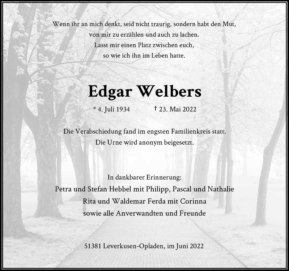  Traueranzeige für Edgar Welbers vom 01.06.2022 aus Rheinische Post