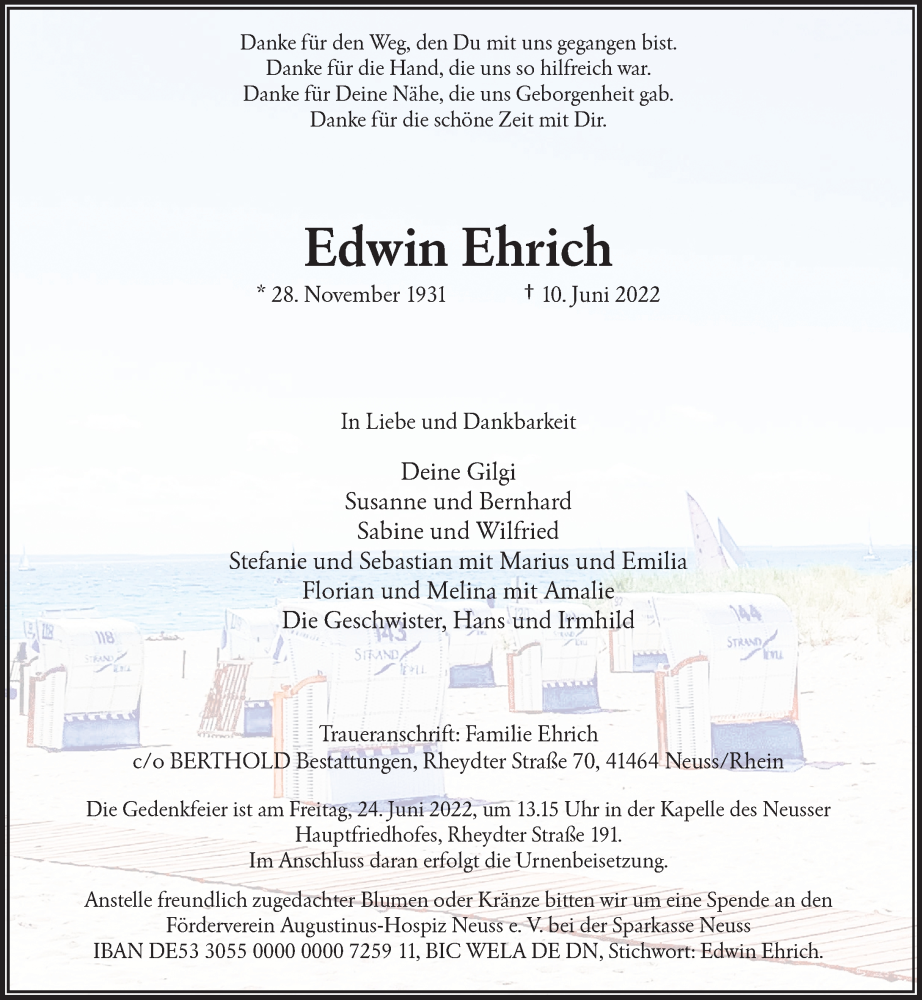  Traueranzeige für Edwin Ehrich vom 18.06.2022 aus Rheinische Post