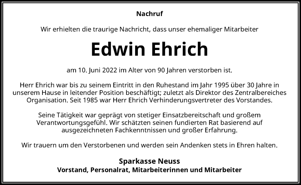  Traueranzeige für Edwin Ehrich vom 25.06.2022 aus Rheinische Post